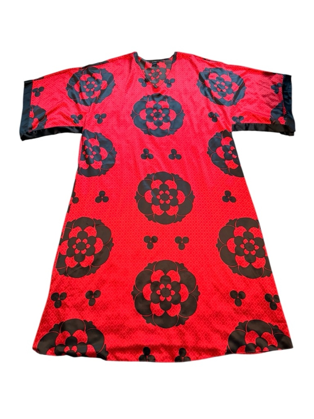 Natori Caftan Red & Black Floral V-Neck Maxi w/ Side Slits Size 1X